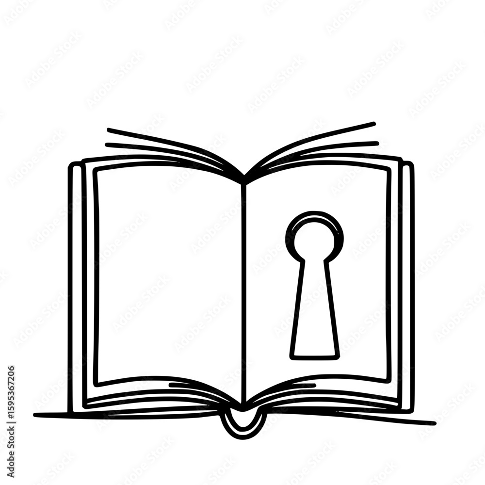 Poster open book with a keyhole illustration in single line outline vector