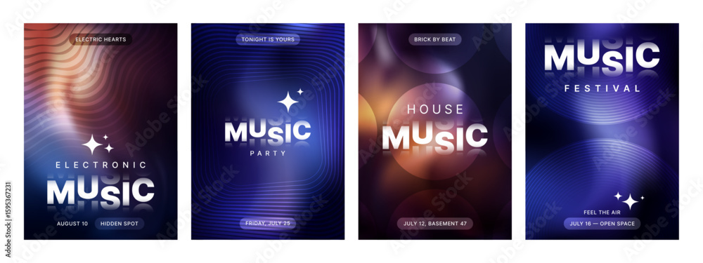 Poster set of four modern music event posters with abstract shapes and luminous gradient backgrounds. perfe