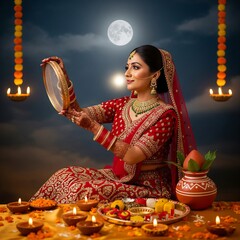 Indian woman celebrating karwa chauth festival by looking at the moon through a sieve