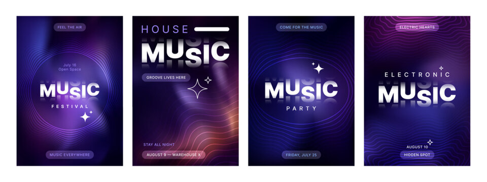 Set of four modern music posters with vibrant gradient backgrounds and abstract wavy lines. Digital templates for party flyer design.