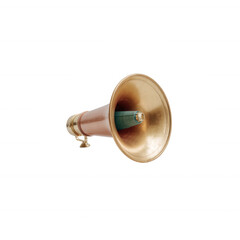 Vintage brass megaphone on a white isolated background, perfect for events, announcements, or theatrical performances, showcasing a classic design and traditional craftsmanship.