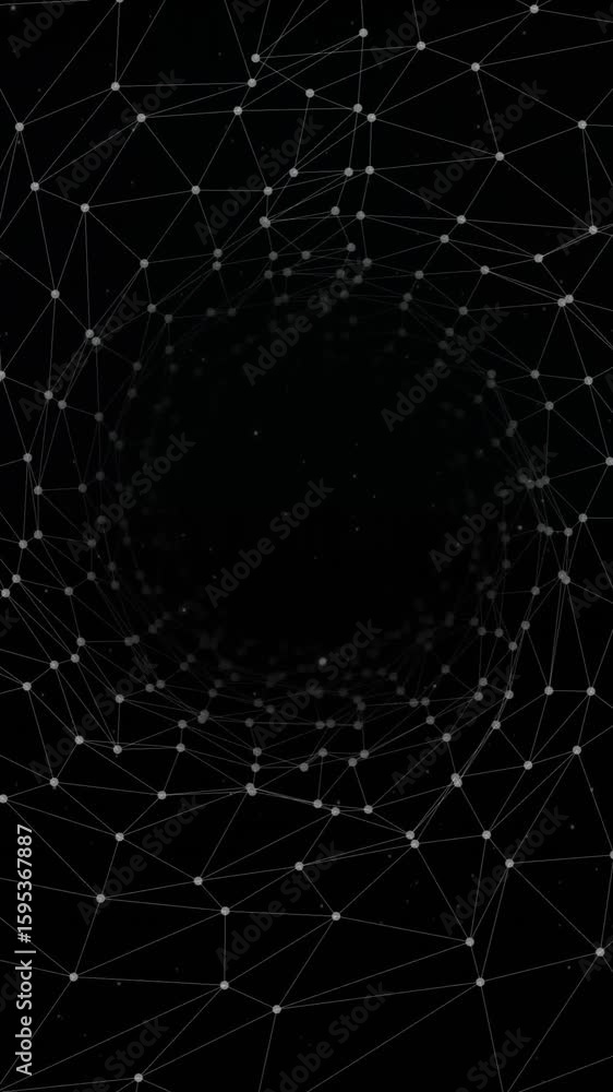 Poster animation of interconnected lines and nodes forming geometric tunnel structure
