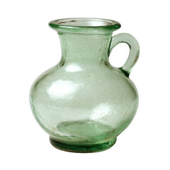 Vintage green glass jug with a round body and a simple handle, ideal for decorative purposes or historical displays, showcasing craftsmanship and design.