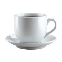 White coffee cup with saucer isolated on white background, perfect for coffee or tea. Minimalist design adds elegance and versatility to any beverage setting.