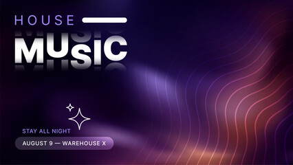 House music event poster design with curved lines. Concert announcement template for night parties. Abstract gradient background for musical advertising.