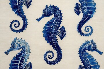  Seahorse motif pattern in ink on white background, small silhouettes in alternate directions, spiral tails and curved forms give rhythmic flow.