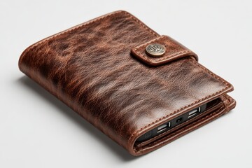  Smart wallet closed on white background, leather meets tech with indicator light, RFID symbol and charging port subtly visible, modern accessory fusion.