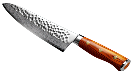 Culinary Precision: An eye-level shot presents a single, impeccably crafted kitchen knife, poised for a culinary purpose, with a sharp, textured blade and a beautifully carved wooden handle. 