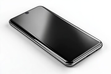  Smartphone lying flat on white background, sleek black screen reflects soft light, thin bezels and minimalist form create sophisticated modern aesthetic.