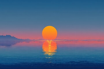  Stylized sea horizon with rising sun on white background, soft gradient and clean symmetry express serenity and balance in minimal marine illustration.