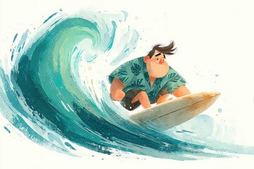  Surfer character riding wave on white background, bold comic style with exaggerated shapes and energetic motion lines, joyful and fun depiction.