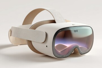  VR headset open on white background, clean lenses and relaxed strap suggest readiness, futuristic design framed in neutral minimalism.