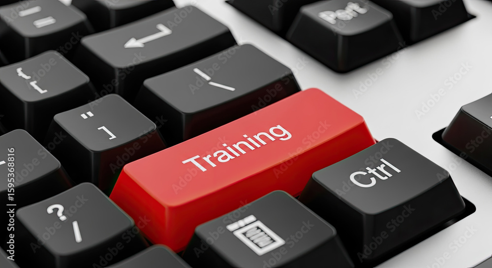 Aufkleber online training concept: close-up of keyboard with red 'training' key. perfect for e-learning, devel