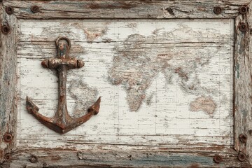  Vintage seaframe with anchor accents on white background, distressed wood and metal bolts, aged map texture beneath surface shows marine nostalgia.