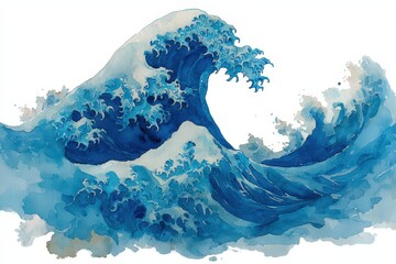  Watercolor ocean wave illustrations on white background, fluid blue gradients and gentle foam layers create serene visual depth and motion.