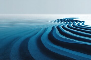  Parallel sea waves on white background, rhythmic lines of motion in blue tones create soothing flow, symmetrical pattern mimics natural tide rhythm.