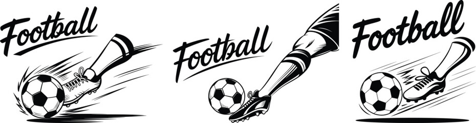 Football Kick Vector Set, Soccer Boot and Ball Action Black and White Sports Illustration.


