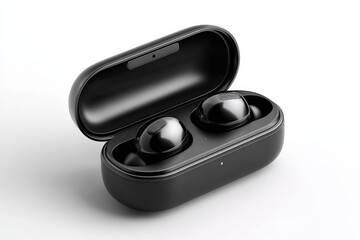  Wireless earbuds in open case on white background, glossy buds and matte case contrast, lid ajar with snug interior fit, sleek tech elegance.