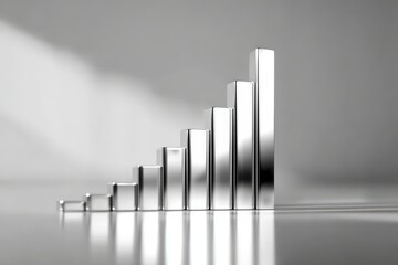  3D bar chart rising on white background, metallic columns casting shadows, data elevation visualized through sleek geometric design and reflection.