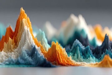  Abstract infographic with colored peaks on white background, jagged data lines rise and fall in rhythm, depth illusion created through tilt.