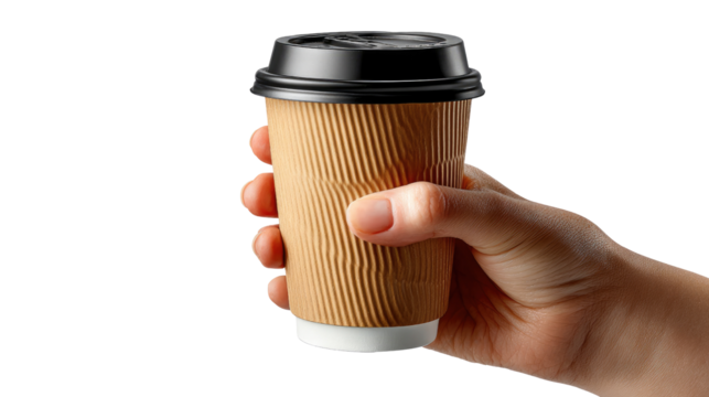 Morning Ritual: A hand delicately cradles a textured disposable coffee cup, embodying the warmth and comfort of a daily caffeine boost, ready to go.