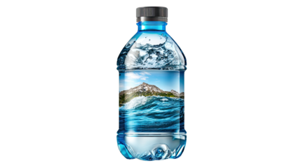 Purity in a Bottle: A transparent bottle of pure water, with an image of majestic mountains and rolling waves, capturing the essence of freshness and natural beauty.