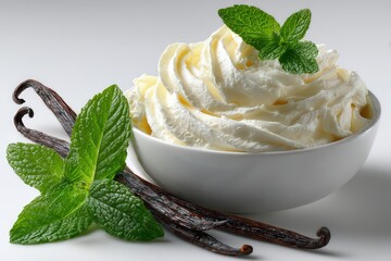  Bowl of whipped cream on white background, garnished with vanilla pod and mint leaf, airy texture and fresh presentation highlight dessert detail.