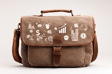  Leather briefcase with financial icons on white background, transparent chart and coin symbols hover above, composition shows business readiness.