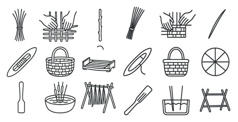 Collection of various items, including baskets, bowls, and utensils, are drawn in a stylized manner. Scene is one of simplicity and functionality, with each item serving a specific purpose