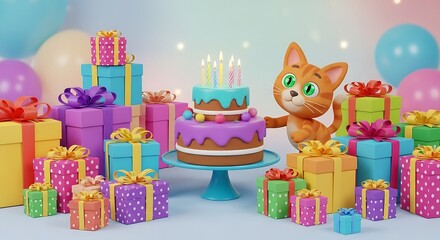 Festive birthday celebration with adorable cartoon cat, cake and colorful presents, a delightful