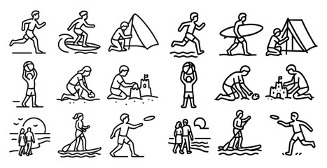 Series of black and white drawings of people in various beach and water activities. The mood of the images is lighthearted and fun, with people enjoying themselves in the sun and water