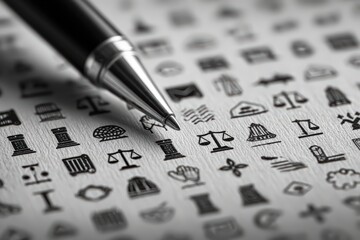  Business contract on white background, gavel, scales, and pen icons above suggest legal service and formality in structured layout.