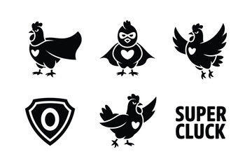 Black chicken silhouettes with hearts and text superhero shield