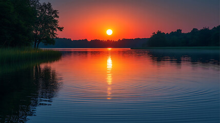 Serene Sunset Over Calm Lake with Ripples