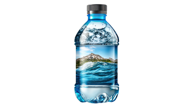 Purity in a Bottle: A transparent bottle of pure water, with an image of majestic mountains and rolling waves, capturing the essence of freshness and natural beauty.