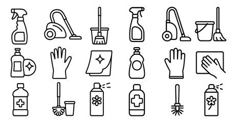 Set of cleaning supplies including a broom, mop, and spray bottle. Concept of cleanliness and organization