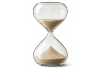 Sand trickling through vintage glass timer, symbolizing continuous time flow on transparent surface