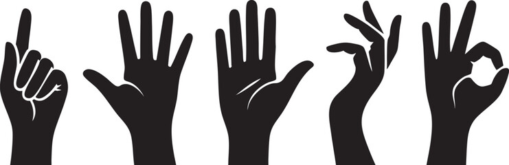 Obraz premium Hand Gestures Vector Illustration Set: Black Silhouette of Pointing, Open Palm, Handshake, Pinching, and OK Sign on Transparent Background for Communication