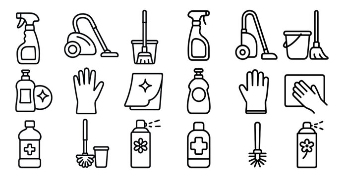 Set of cleaning supplies including a broom, mop, and spray bottle. Concept of cleanliness and organization