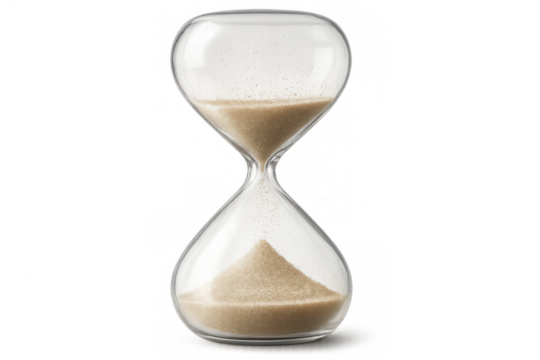 Sand trickling through vintage glass timer, symbolizing continuous time flow on transparent surface