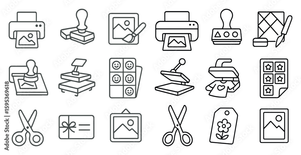 Fototapete set of icons for various office supplies, including scissors, a printer, and a stamp. each icon is d