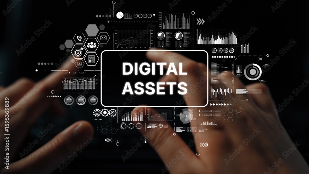 Poster hands interacting with digital graphics representing digital assets and data visualization concepts 
