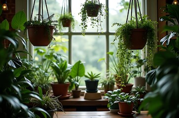 Fototapeta premium Lush Spring Houseplant Collection in Pastel Terracotta Pots ai generated