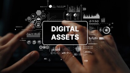 Hands Interacting with Digital Graphics Representing Digital Assets and Data Visualization Concepts...