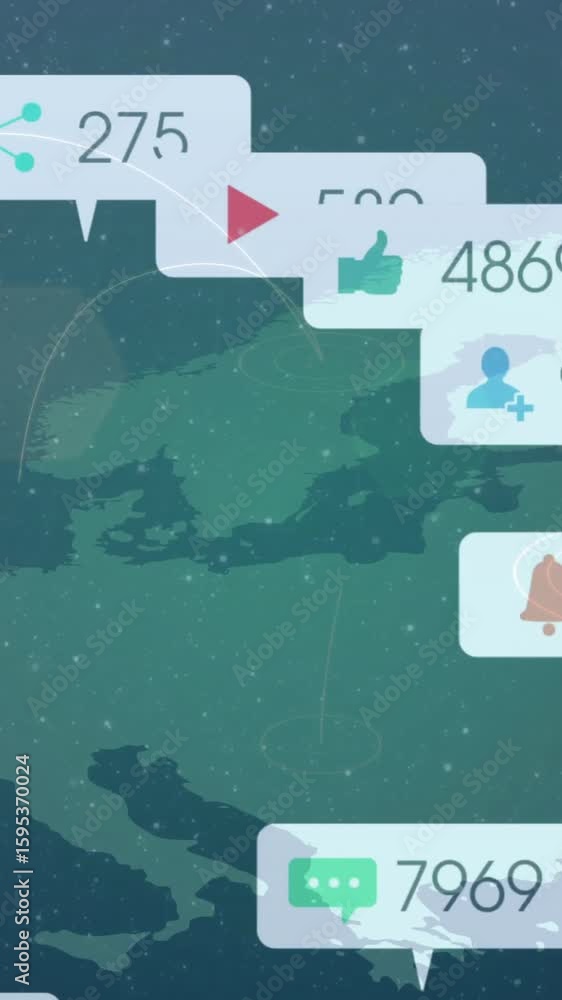 Poster social media notifications and interactions animation over world map background