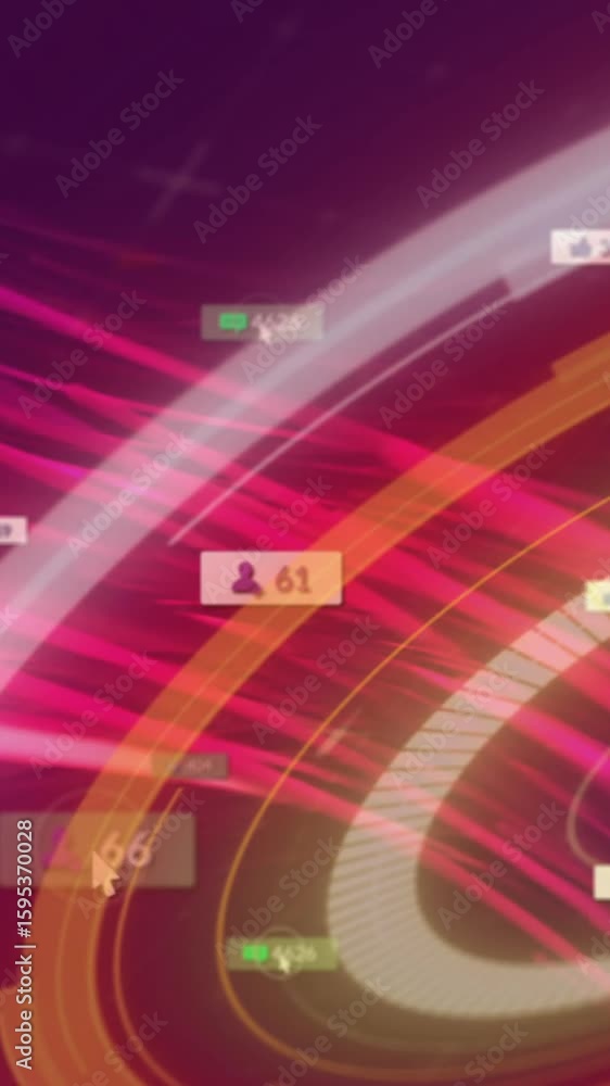 Poster swirling red and orange animation with digital data visualization and icons