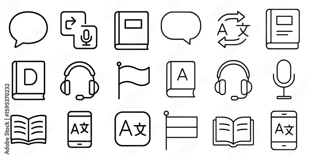 Fototapete Collection of icons for various communication devices and tools. The icons include a book, a flag, a microphone, a book with a flag on it, a book with a microphone on it, a book with a flag