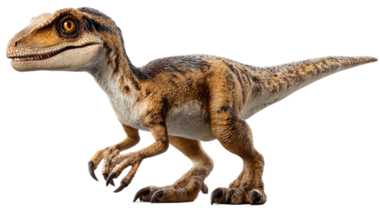 Velociraptor in Action: A detailed photorealistic rendering of a velociraptor, a fierce predator from a long-gone era, frozen mid-stride.