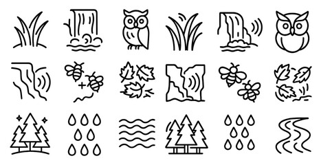 The image is a series of black and white icons that represent various elements of nature, such as trees, water, and animals. The icons are arranged in a grid, with some overlapping each other