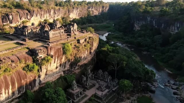 Exploring the ancient Koh Ker temples perched on a cliffside in Cambodia surrounded by lush jungle with serene river